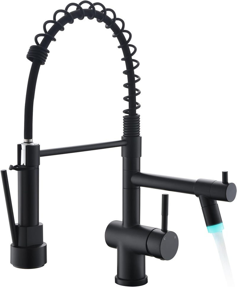 kicimpro Matte Black LED Kitchen Faucet with Pull Down Sprayer, 304 Stainless Black Faucet for Kitchen Sink, Modern Single Handle High Arc Bar Kitchen Sink Faucet for One Hole Or Three Hole Sink - Image 1
